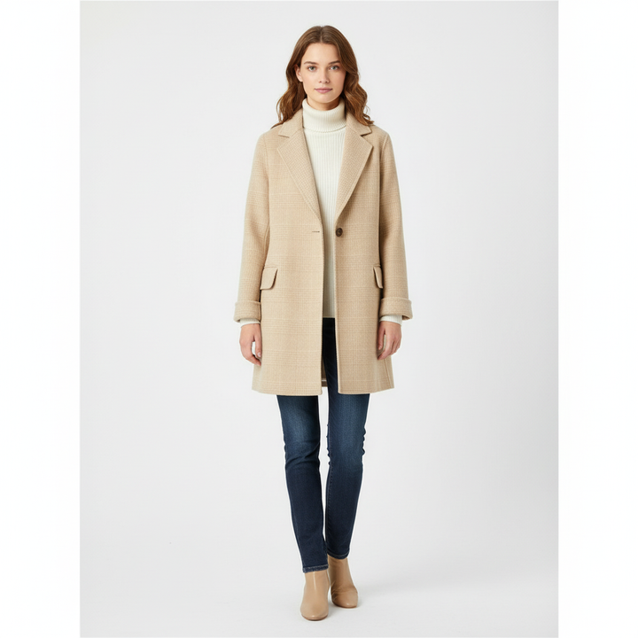 Women's checked plaid coat with notch lapel and patch pockets