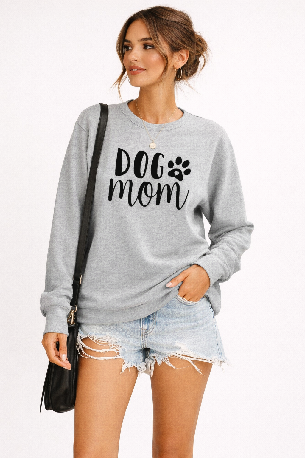 Women's long-sleeve crewneck sweatshirt with Dog Mom graphic print