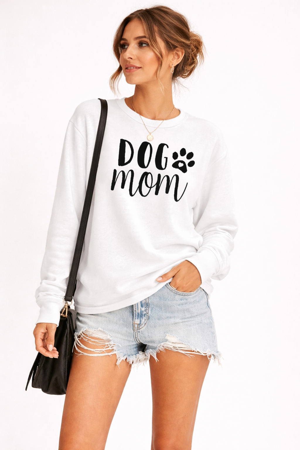 Women's long-sleeve crewneck sweatshirt with Dog Mom graphic print