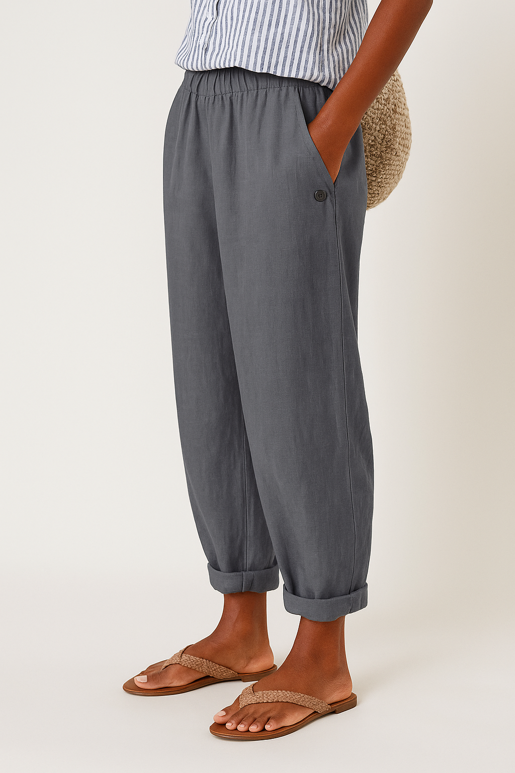 Women's Straight-Leg Pants with Side Pockets in Beige - View 5 | Bellmere