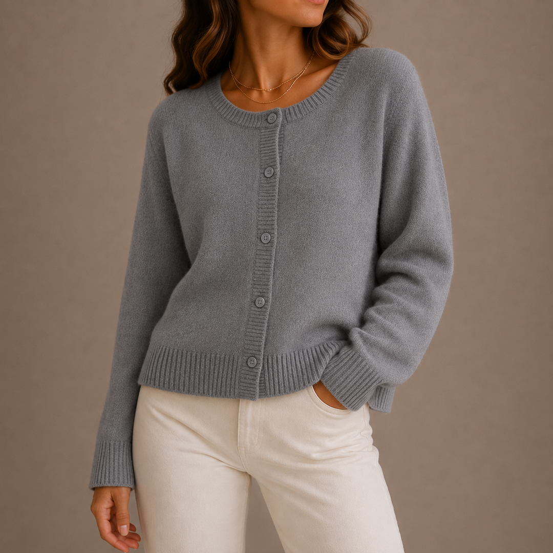 Women's long-sleeve button front cardigan with crew neckline and ribbed trims