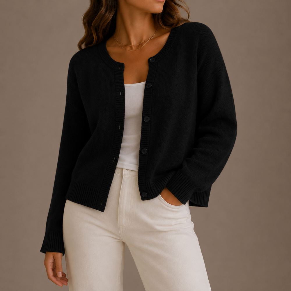 Women's long-sleeve button front cardigan with crew neckline and ribbed trims