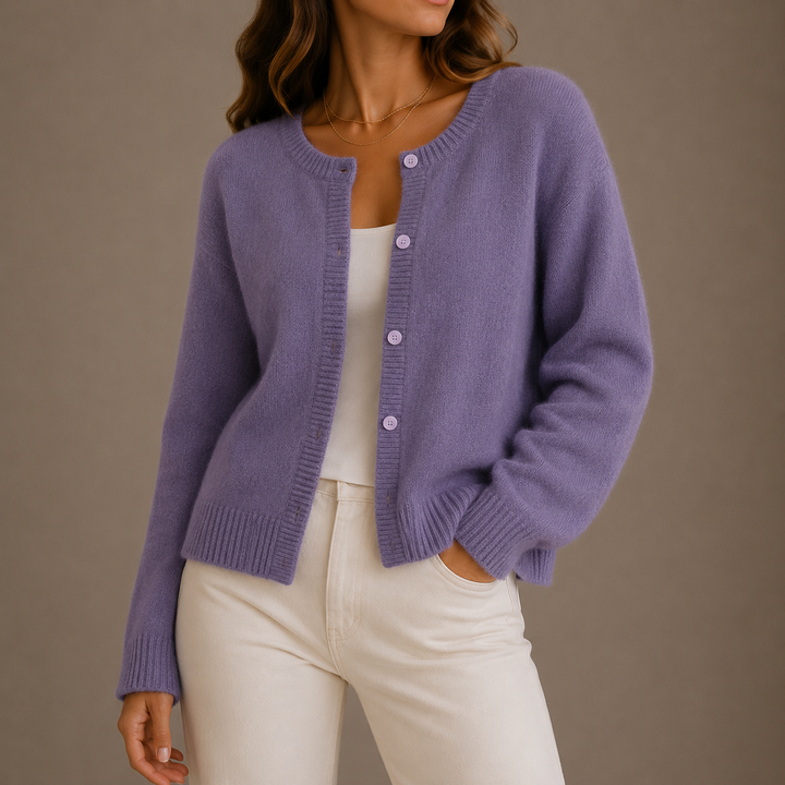 Women's long-sleeve button front cardigan with crew neckline and ribbed trims