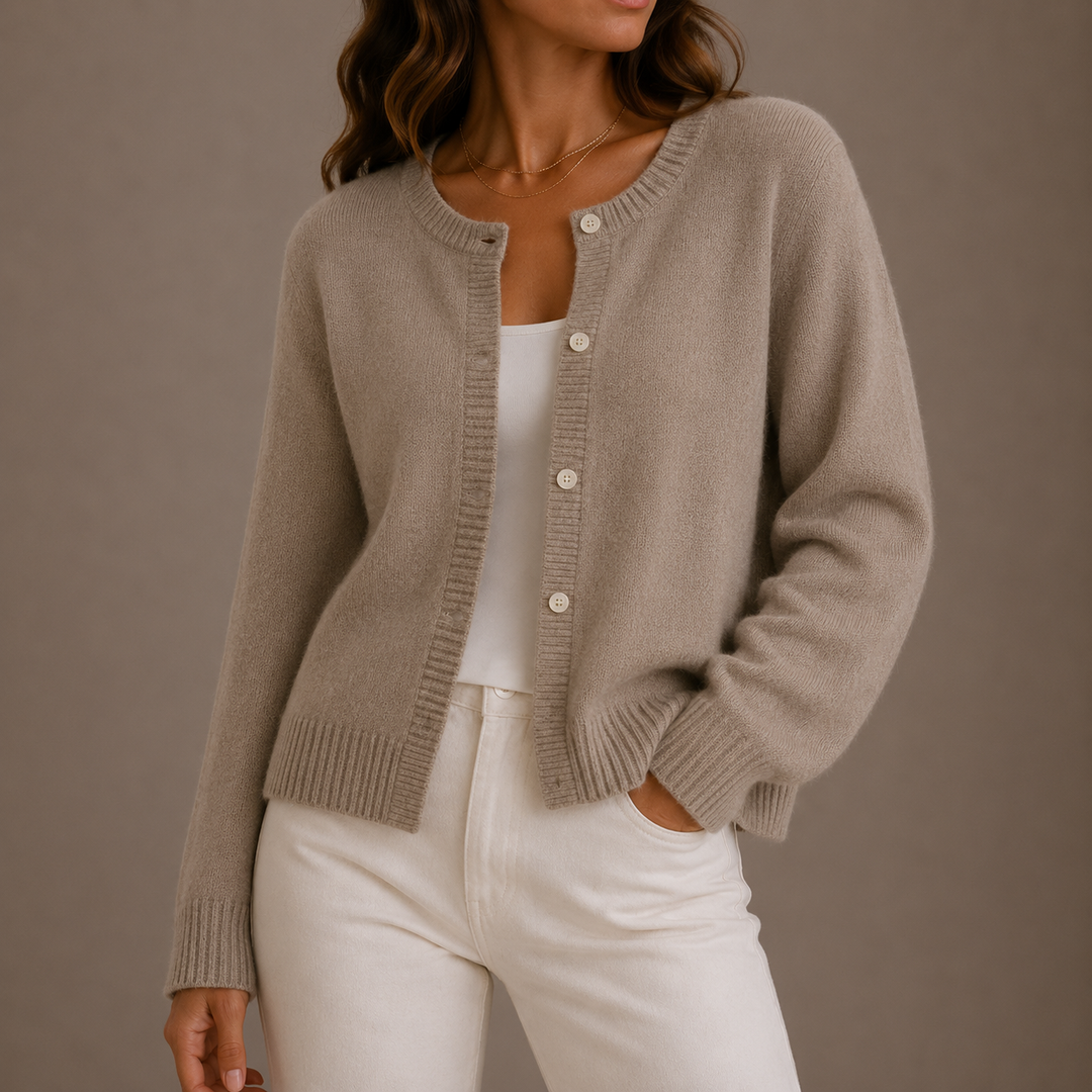 Women's long-sleeve button front cardigan with crew neckline and ribbed trims