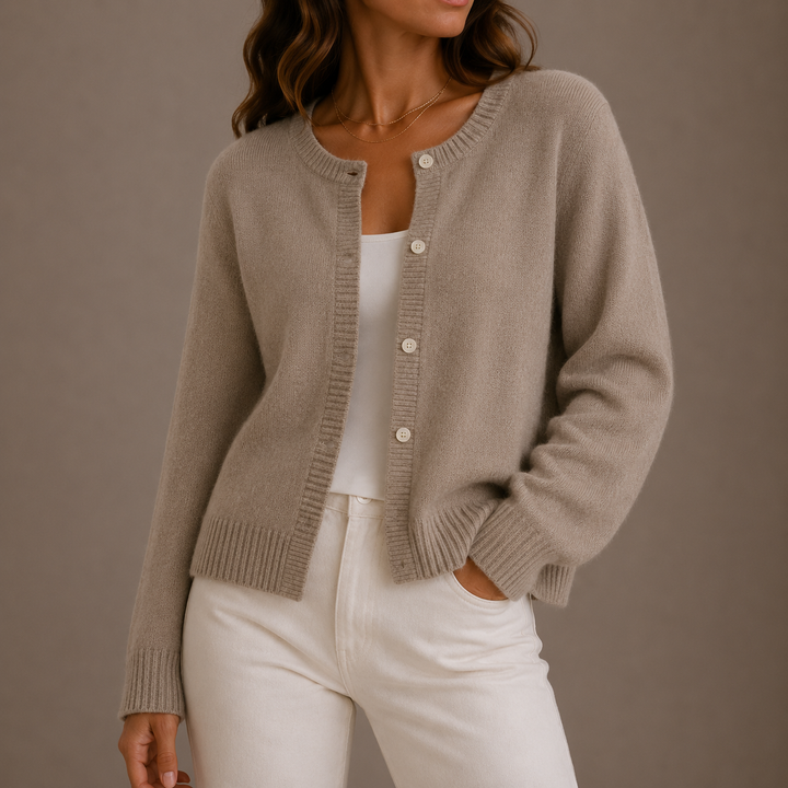 Women's long-sleeve button front cardigan with crew neckline and ribbed trims