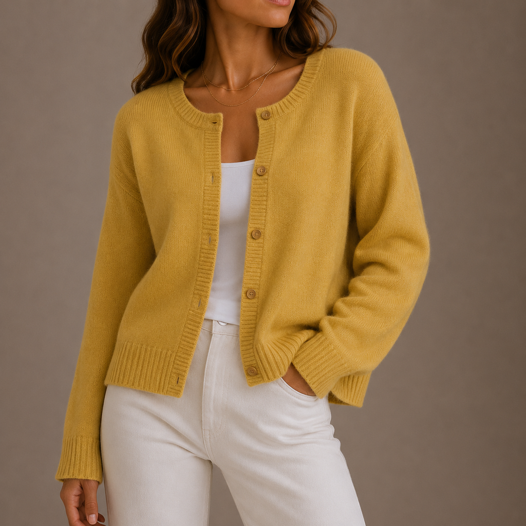 Women's long-sleeve button front cardigan with crew neckline and ribbed trims