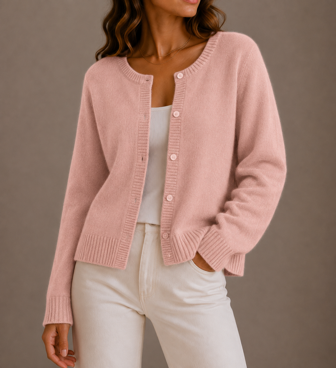 Women's long-sleeve button front cardigan with crew neckline and ribbed trims