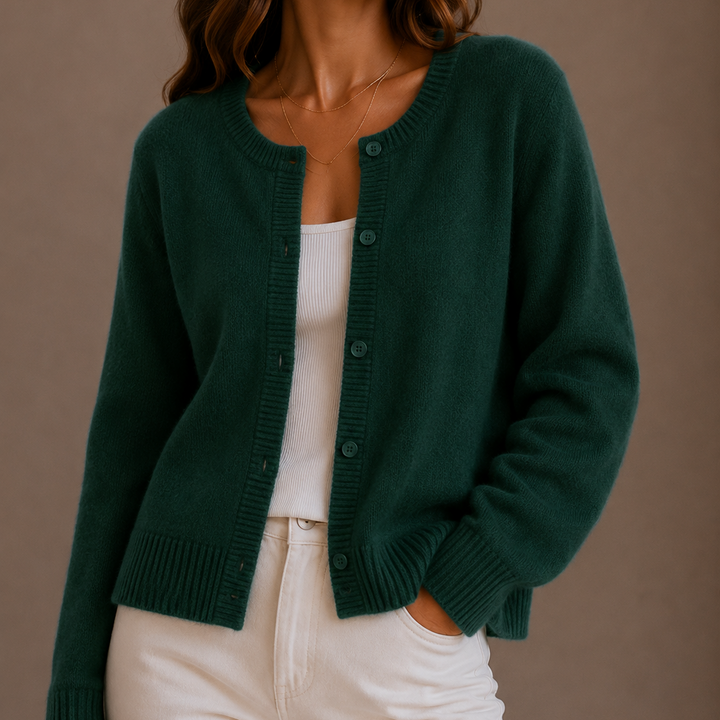 Women's long-sleeve button front cardigan with crew neckline and ribbed trims