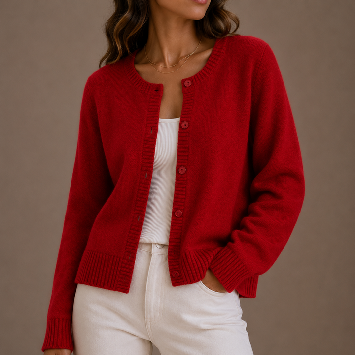 Women's long-sleeve button front cardigan with crew neckline and ribbed trims