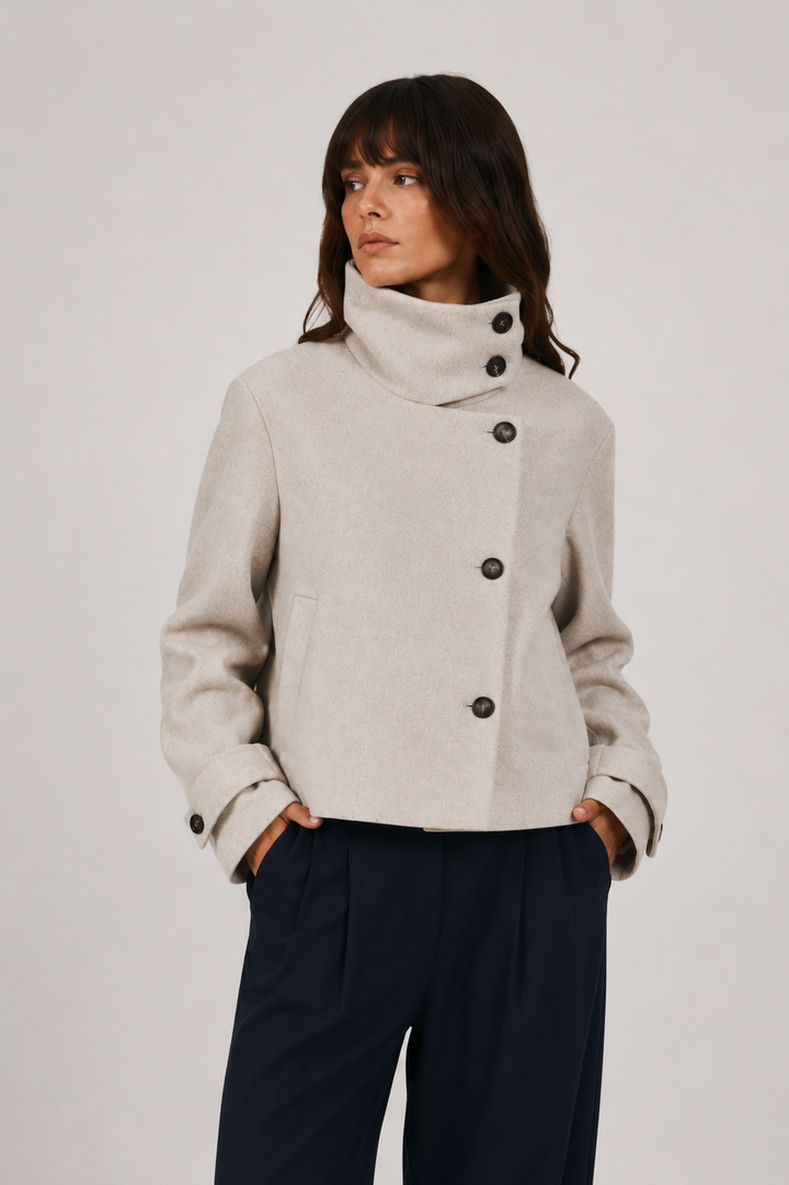 Women's cream short coat with high collar, long sleeves and front buttons