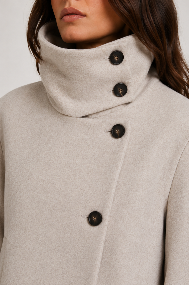 Women's cream short coat with high collar, long sleeves and front buttons