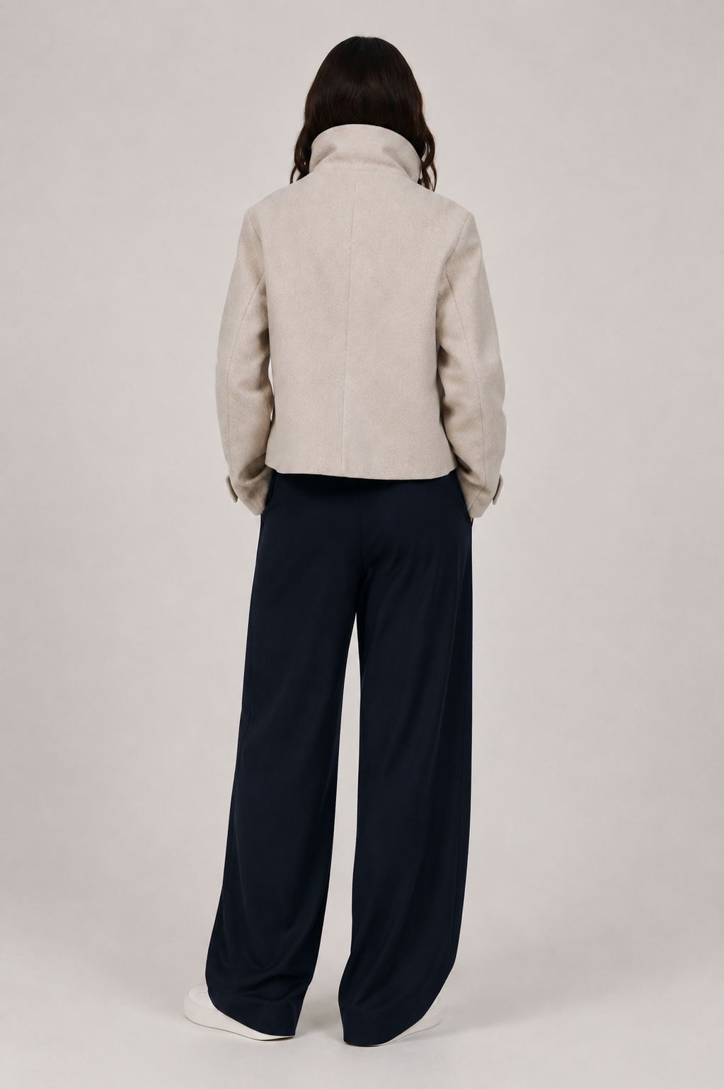 Women's cream short coat with high collar, long sleeves and front buttons