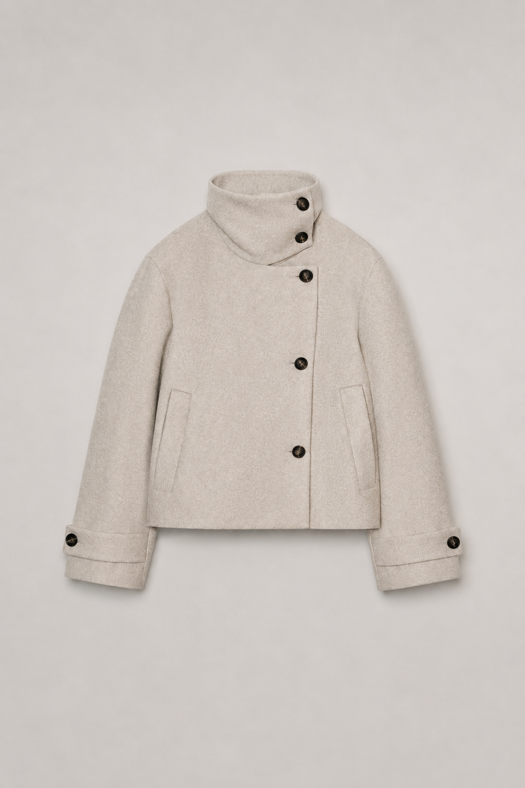 Women's cream short coat with high collar, long sleeves and front buttons