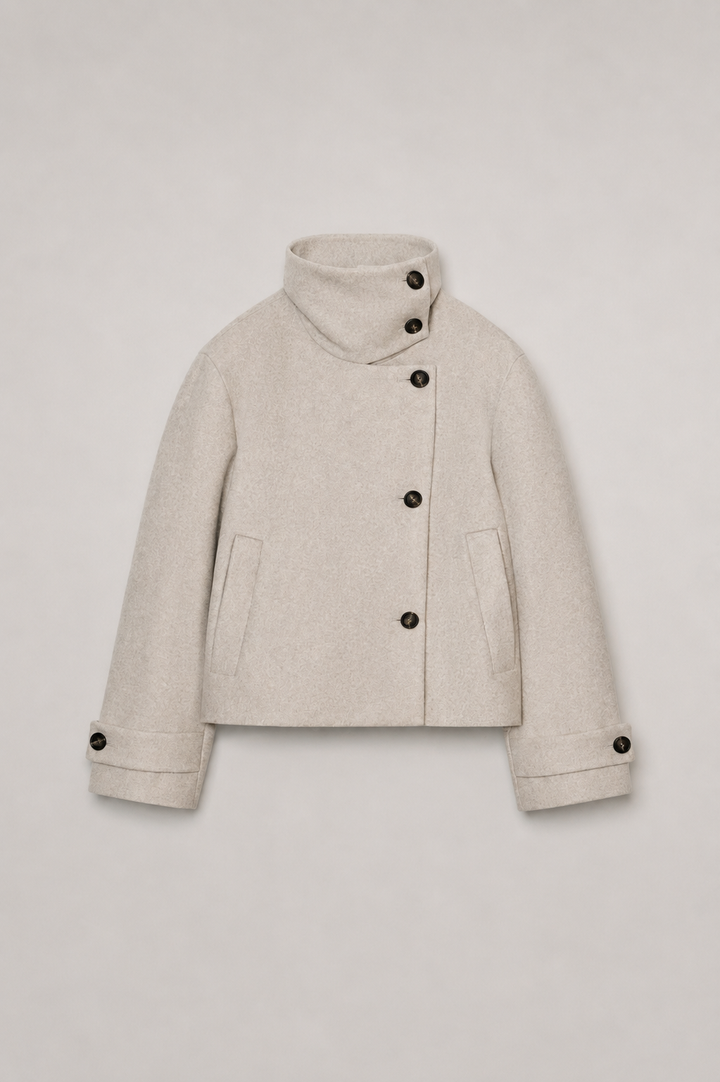 Women's cream short coat with high collar, long sleeves and front buttons