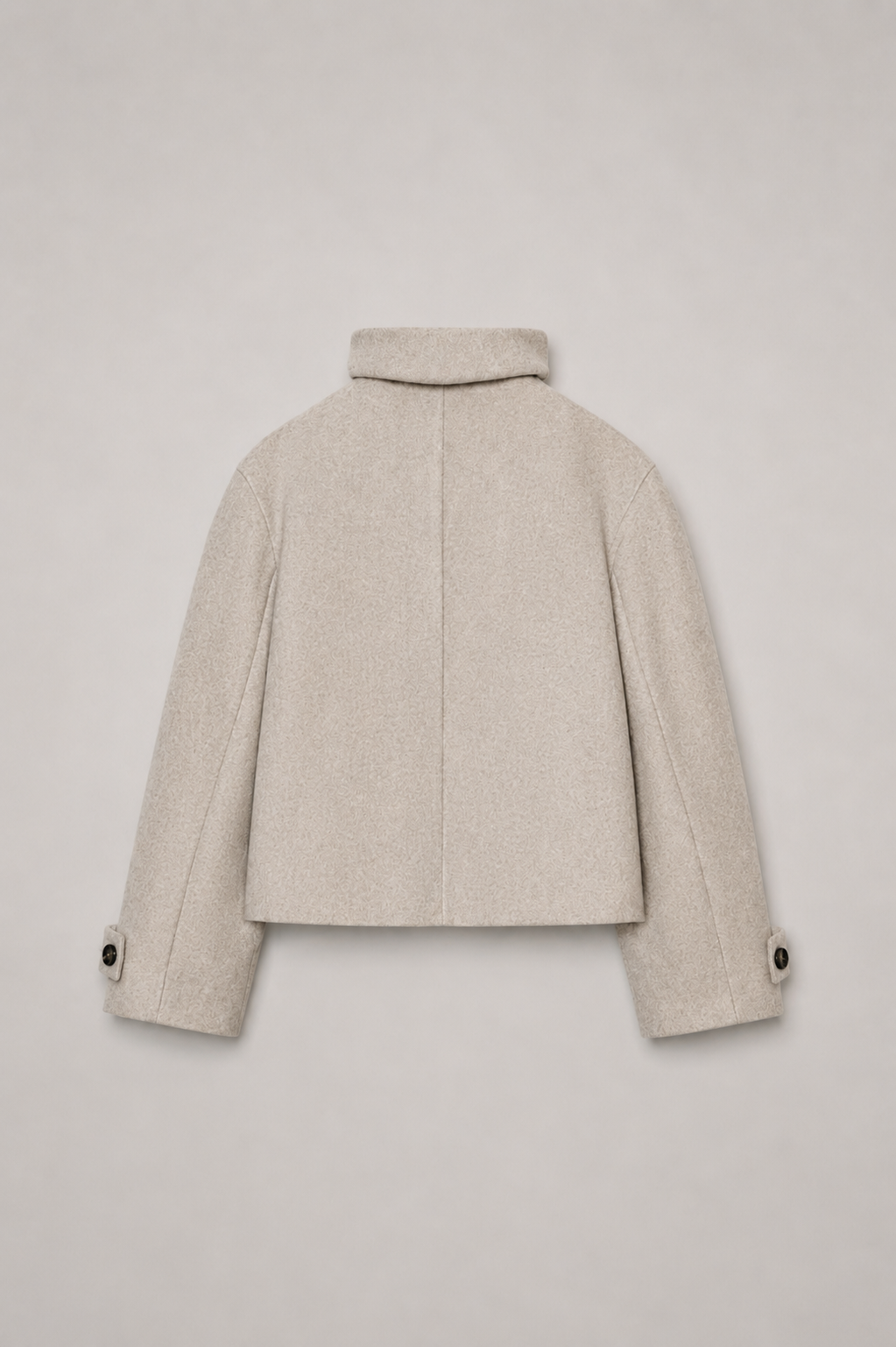 Women's cream short coat with high collar, long sleeves and front buttons