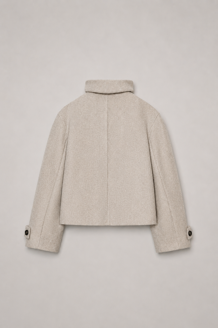 Women's cream short coat with high collar, long sleeves and front buttons