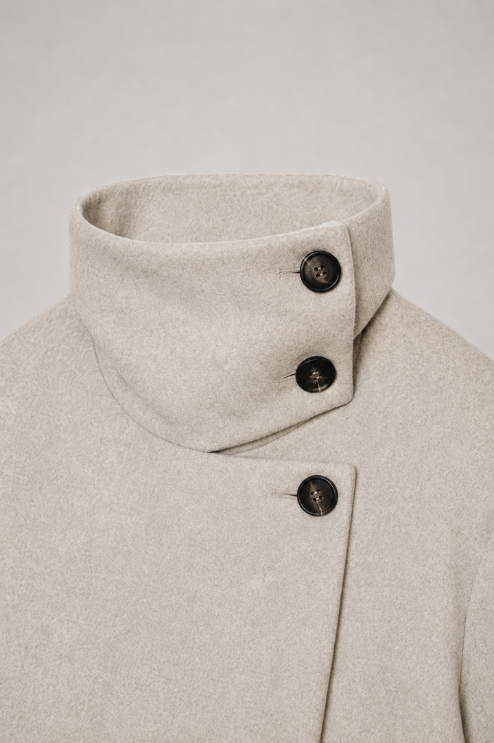 Women's cream short coat with high collar, long sleeves and front buttons