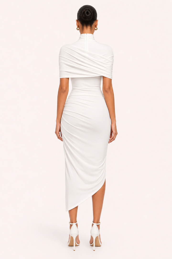 Women's ruched midi dress with turtleneck, draped sleeves and asymmetric hem