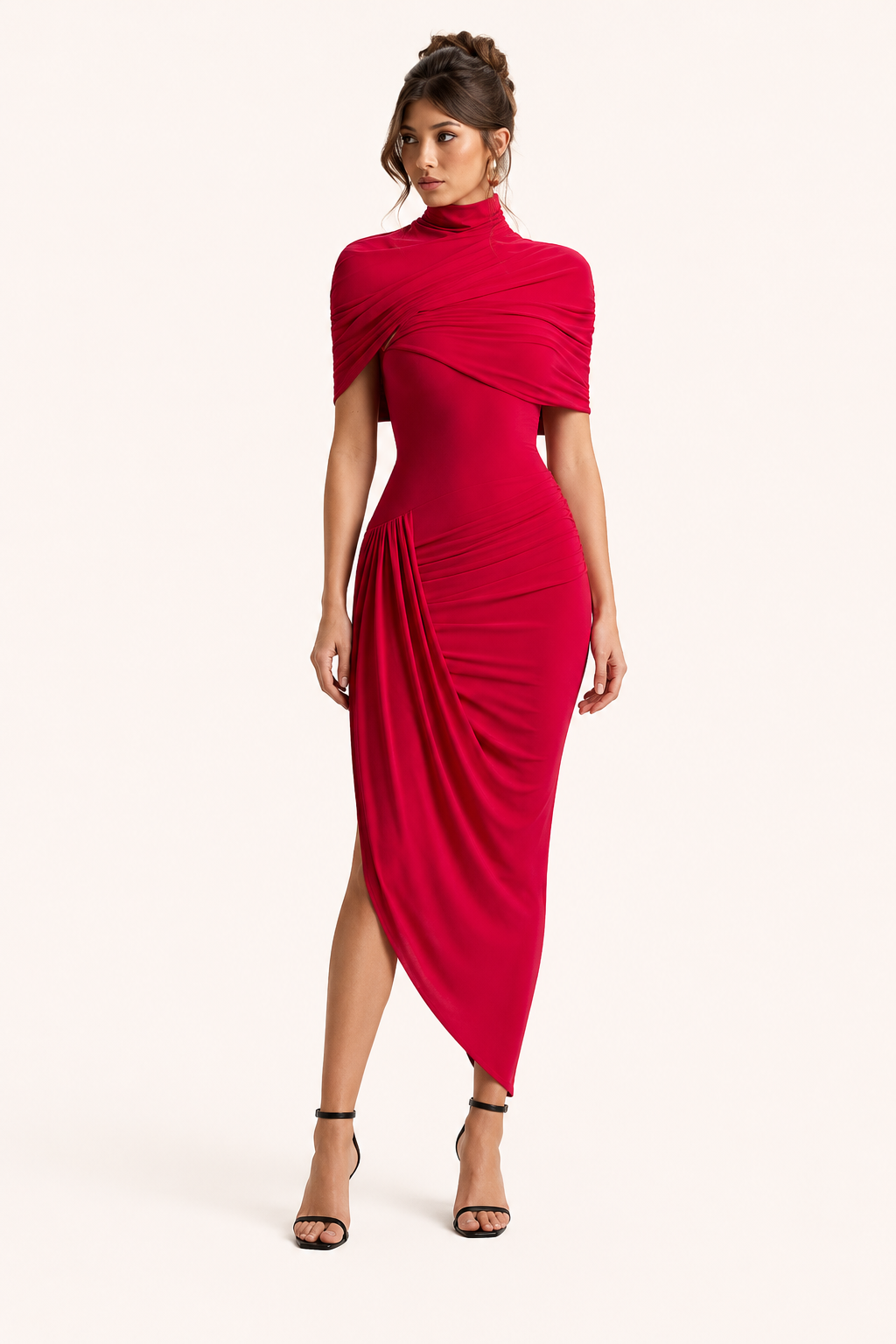 Women's ruched midi dress with turtleneck, draped sleeves and asymmetric hem