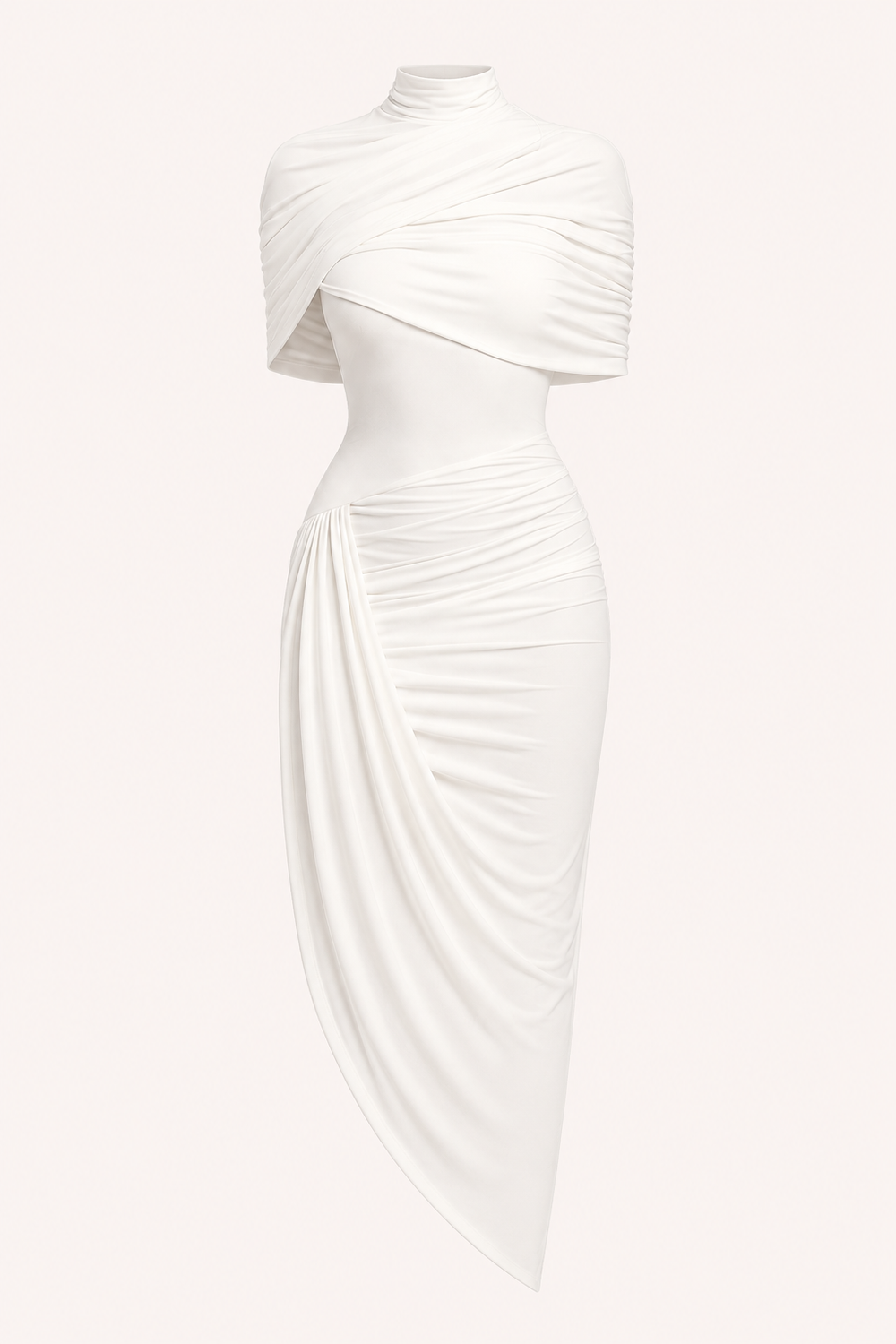 Women's ruched midi dress with turtleneck, draped sleeves and asymmetric hem