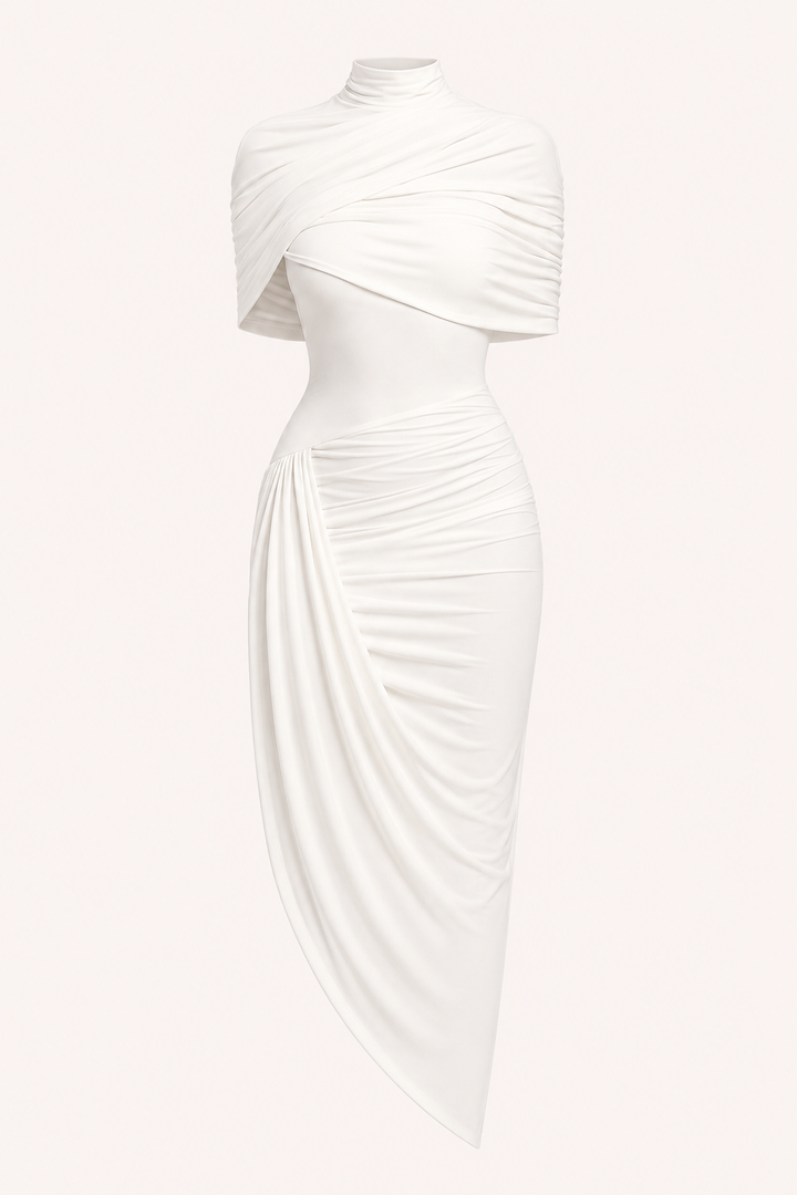 Women's ruched midi dress with turtleneck, draped sleeves and asymmetric hem