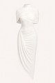 Women's ruched midi dress with turtleneck, draped sleeves and asymmetric hem