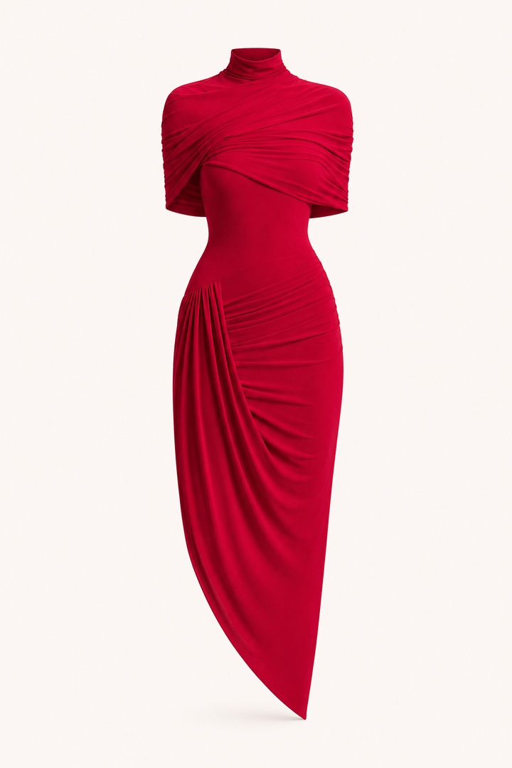 Women's ruched midi dress with turtleneck, draped sleeves and asymmetric hem