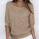 Women's textured knit sweater with round neckline and three-quarter sleeves