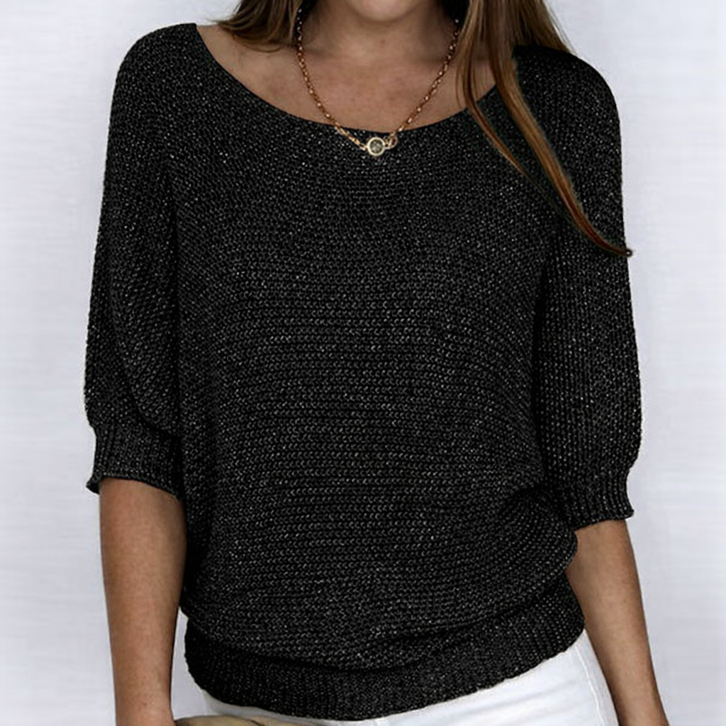 Women's textured knit sweater with round neckline and three-quarter sleeves