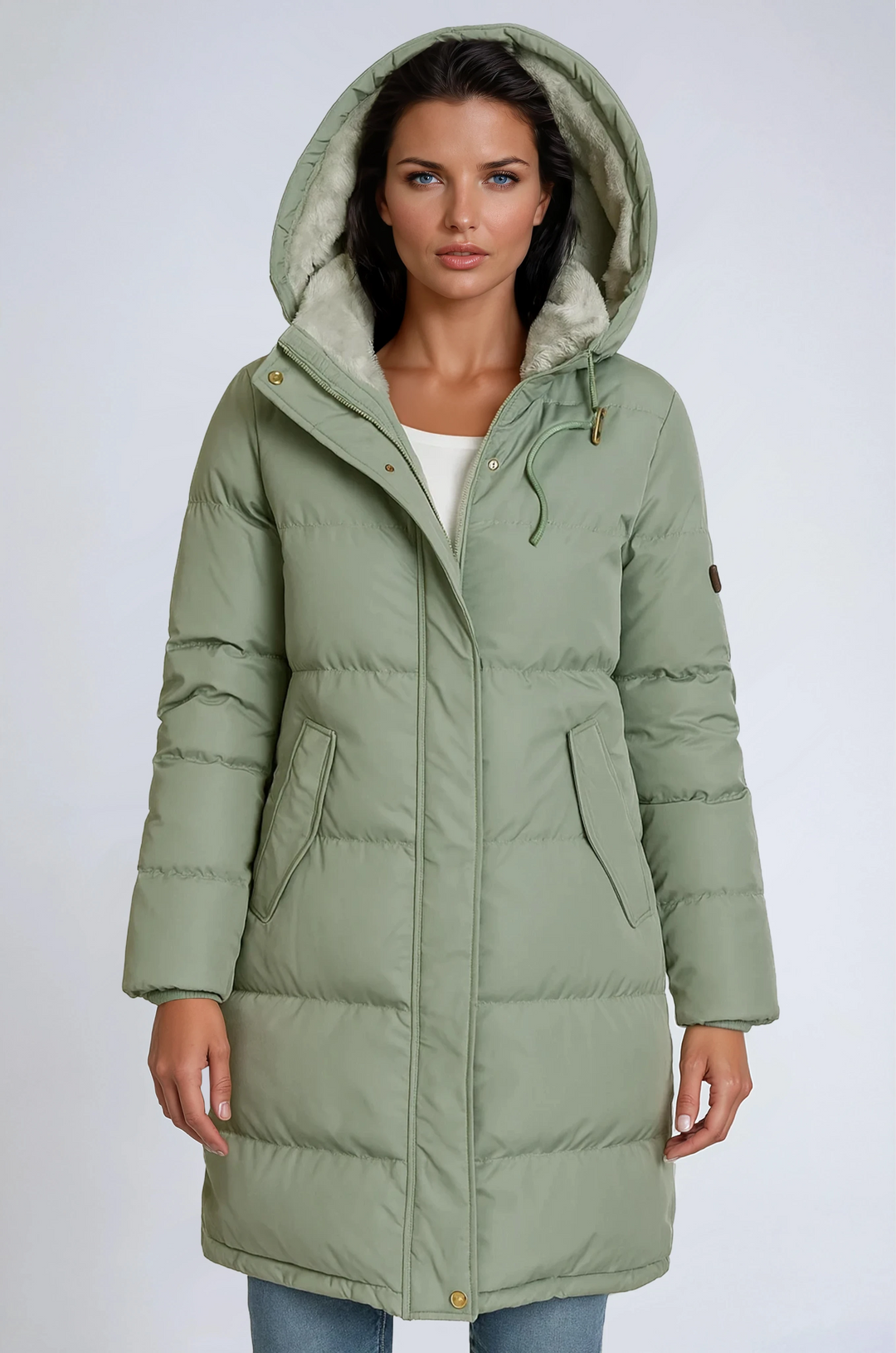 Women's mid-length hooded puffer coat with quilted panels