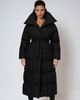 Women's black long belted puffer coat with raised collar