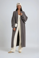 Women's long open front knit coat with relaxed fit and long sleeves