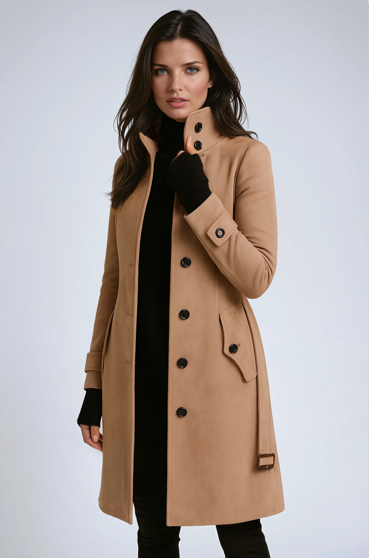 Women's long trench coat with raised collar and button front