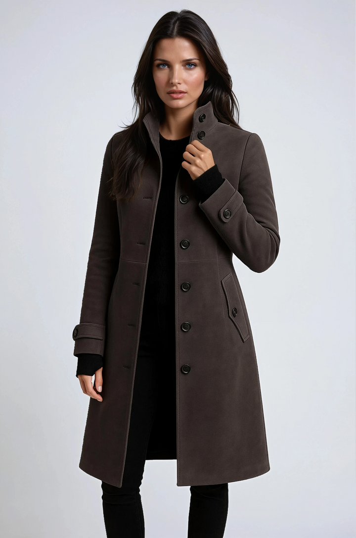 Women's long trench coat with raised collar and button front