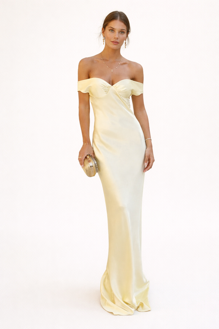 Women's yellow off-shoulder maxi dress with sweetheart neckline and draped sleeves