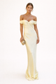 Women's yellow off-shoulder maxi dress with sweetheart neckline and draped sleeves