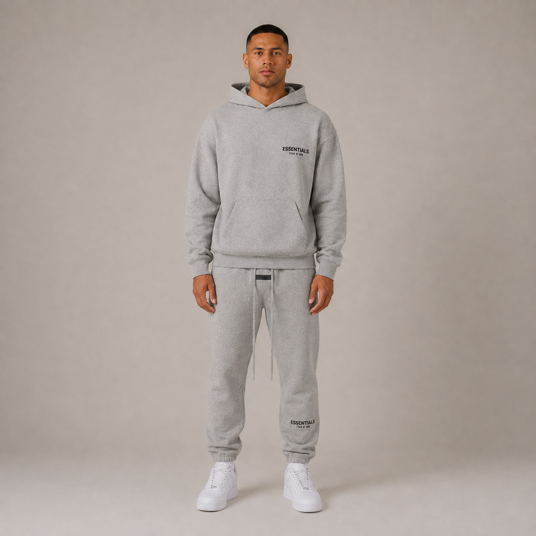 Men's gray textured hoodie and jogger pants set with printed text