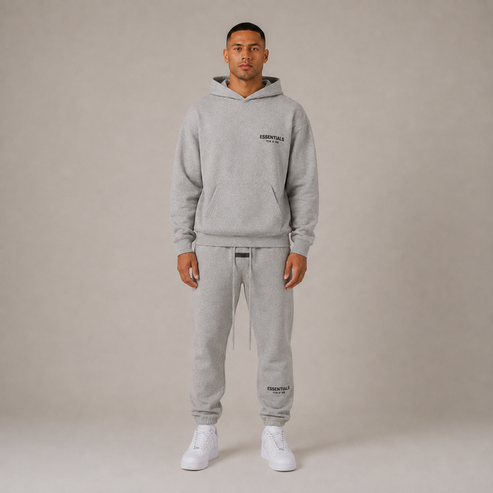 Men's gray textured hoodie and jogger pants set with printed text
