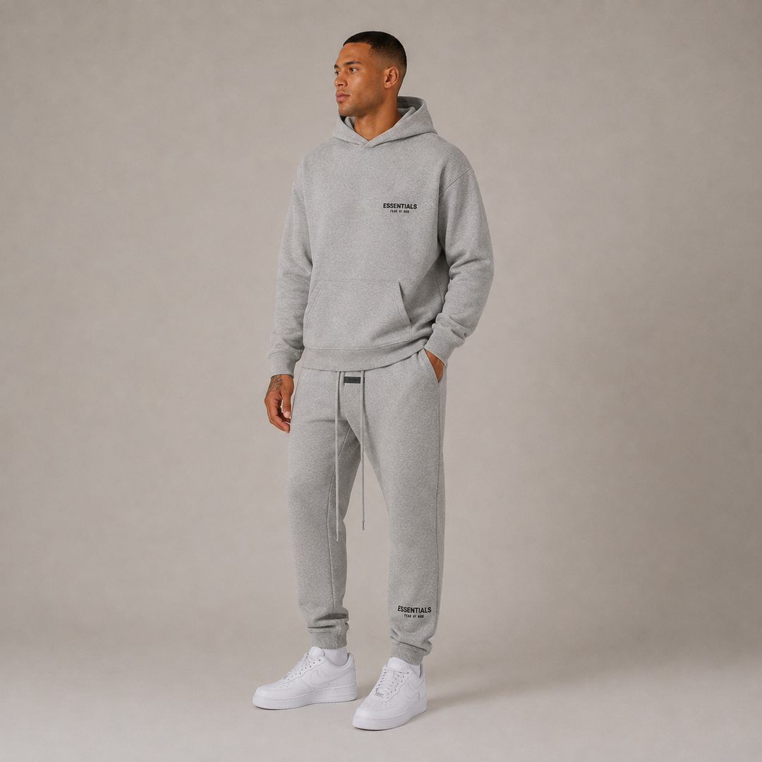 Men's gray textured hoodie and jogger pants set with printed text
