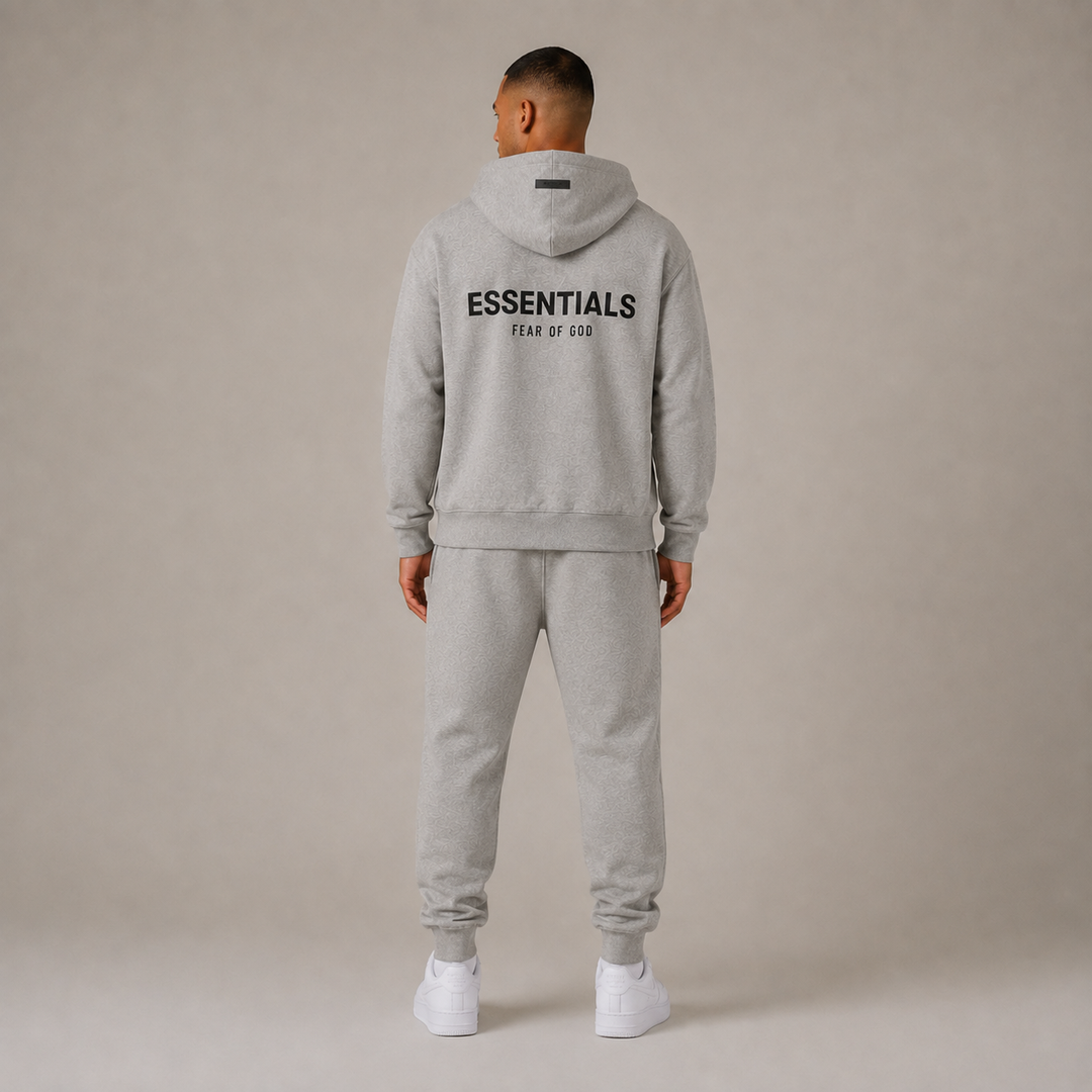 Men's gray textured hoodie and jogger pants set with printed text