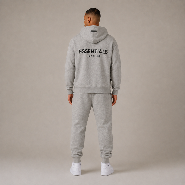 Men's gray textured hoodie and jogger pants set with printed text