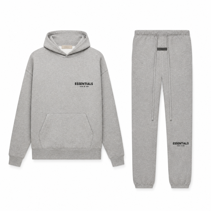 Men's gray textured hoodie and jogger pants set with printed text