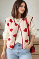 Women's heart print fleece vest with button front