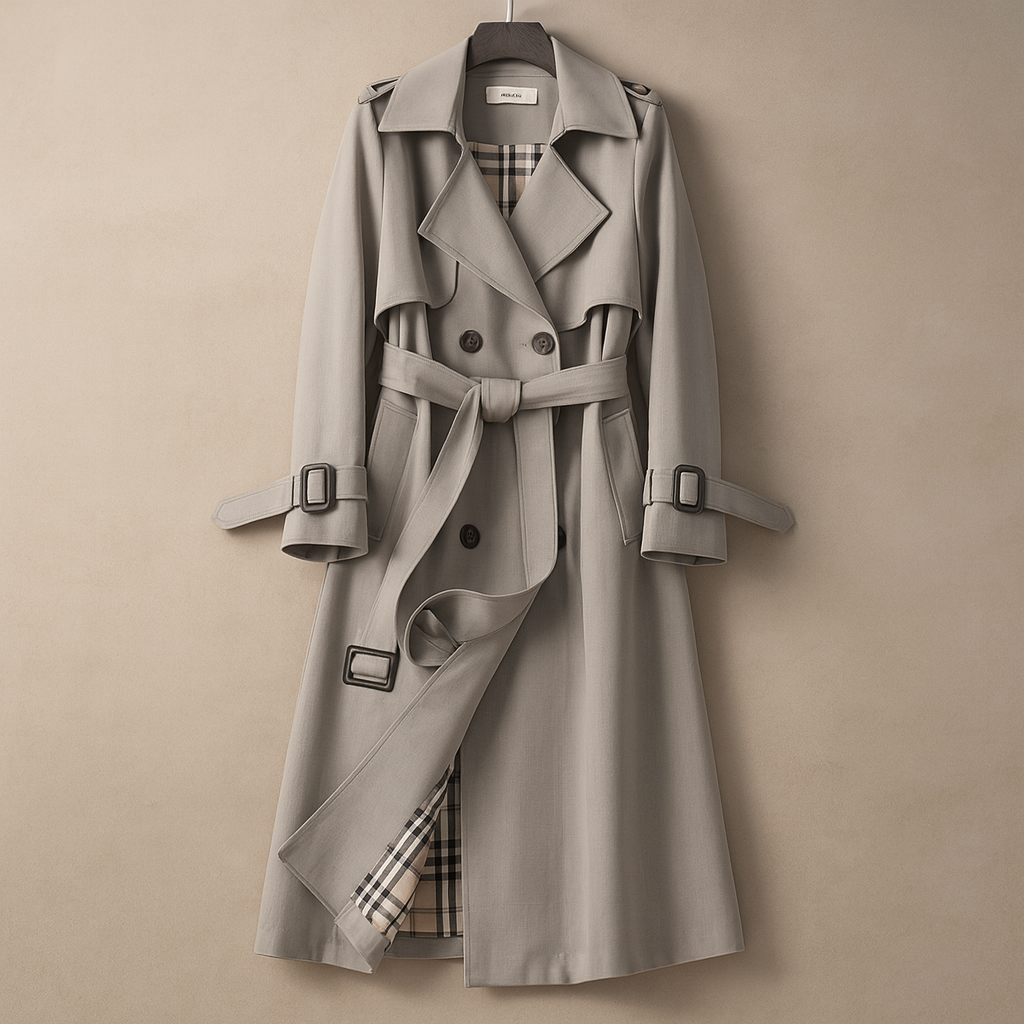 Women's double-breasted trench coat with belt and checked lining