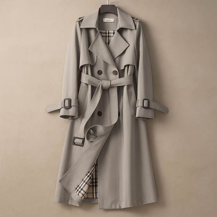 Women's double-breasted trench coat with belt and checked lining