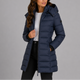 Women's longline hooded quilted puffer jacket with zip front and side pockets