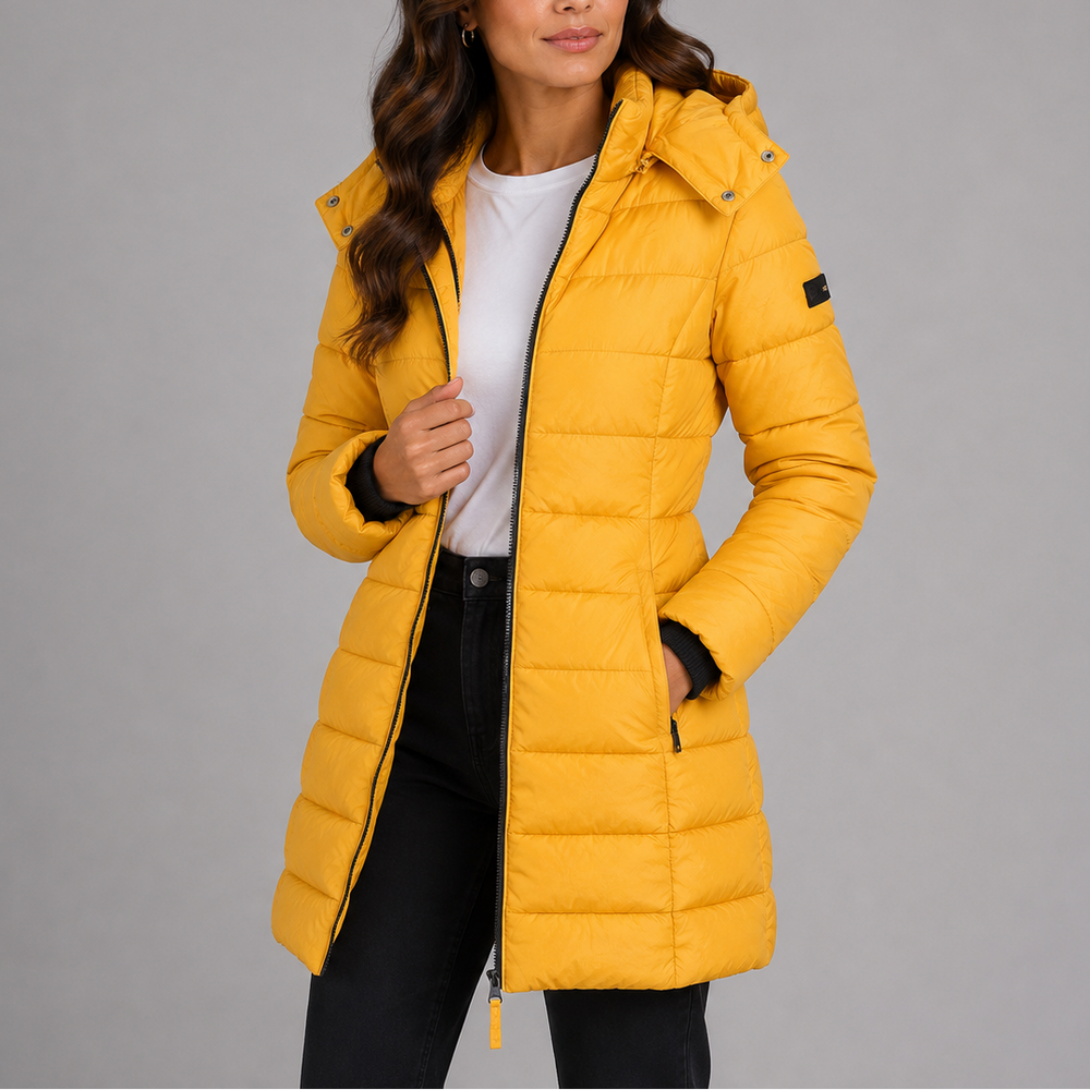 Women's longline hooded quilted puffer jacket with zip front and side pockets