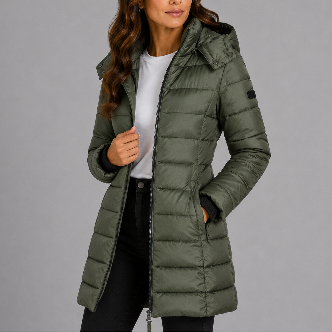 Women's longline hooded quilted puffer jacket with zip front and side pockets