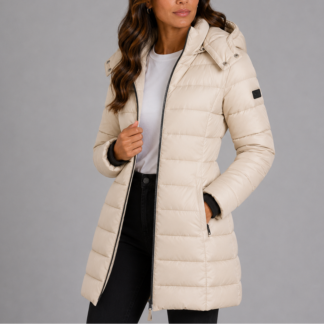 Women's longline hooded quilted puffer jacket with zip front and side pockets