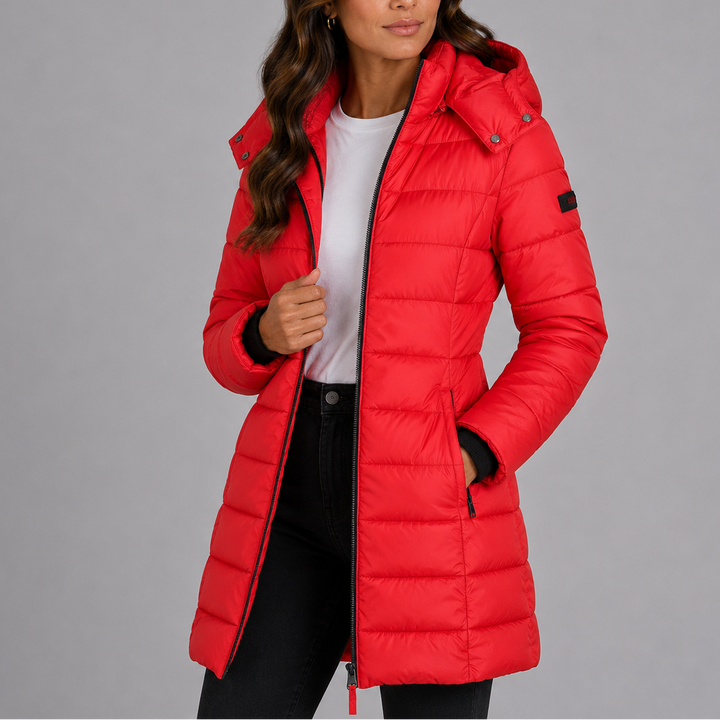 Women's longline hooded quilted puffer jacket with zip front and side pockets